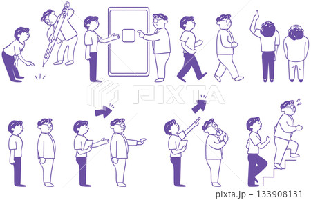 紫のラインの看護師と患者　健康指導や視線誘導に使えるアイコン的イラストセット 133908131