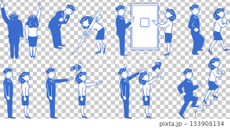 身穿藍色線條西裝的男士和女士——標誌性插圖集，可用於商業指導和視覺引導。 133908134