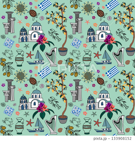 Greek seamless pattern with Mediterranean elements Greek seamless pattern with Mediterranean elements 133908152