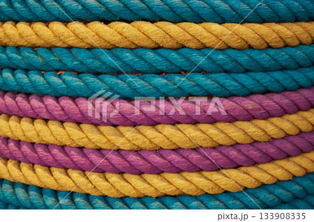Ropes displaying vibrant blue, yellow, and purple striped pattern and textured surface 133908335