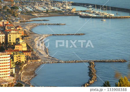 Resort town by sea. Tourism, marina, yachts and recreation, Chiavari, Italy. View from mountain on sunny day. 133908388