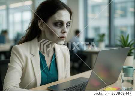 Exhausted Office Worker With Zombie Makeup Staring At Laptop Screen In Corporate Workspace Exhausted Office Worker With Zombie Makeup Staring At Laptop Screen In Corporate Workspace 133908447