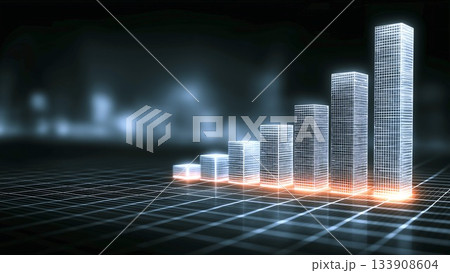 Glowing graph bars climbing across dark grid surface, representing upward business trajectory, financial success, and progressive corporate performance 133908604
