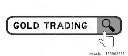 Search banner in word gold trading with hand over magnifier icon on white background 133908633