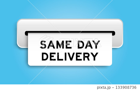 White coupon banner with word same day delivery from machine on blue color background 133908736