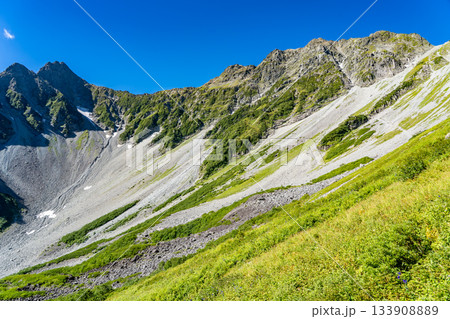 北穂高岳の登山道から見上げる前穂高岳と涸沢カール　北アルプスの北穂高岳登山　 133908889