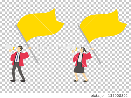 一群身穿紅色法被、手持黃色旗幟和擴音器的男女店員 133908892