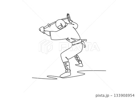 Continuous one line drawing man ninja in mask, crouched low, preparing a powerful overhead strike with a katana sword, illustrating dynamic action. Single line draw design vector graphic illustration Continuous one line drawing man ninja in mask, crouched low, preparing a powerful overhead strike with a katana sword, illustrating dynamic action. Single line draw design vector graphic illustration 133908954