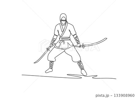 Single continuous line drawing man ninja poised in wide combat stance wielding twin swords in ready guard, illustrating dynamic combat, focused action. One line draw graphic design vector illustration 133908960