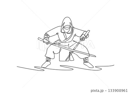 Single continuous line drawing man ninja poised in a deep horse stance, wielding twin katanas, illustrating dynamic combat and focused action. Dynamic one line draw graphic design vector illustration 133908961
