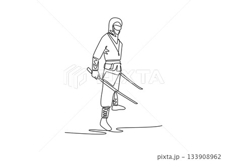 Single continuous line drawing man ninja standing straight on his leg, wielding twin katanas, illustrating dynamic combat and focused action. Dynamic one line draw graphic design vector illustration 133908962