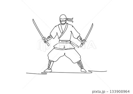 Single continuous line drawing strong man ninja poised in a wide stance, wielding twin katanas, illustrating dynamic combat and focused action. Dynamic one line draw graphic design vector illustration Single continuous line drawing strong man ninja poised in a wide stance, wielding twin katanas, illustrating dynamic combat and focused action. Dynamic one line draw graphic design vector illustration 133908964