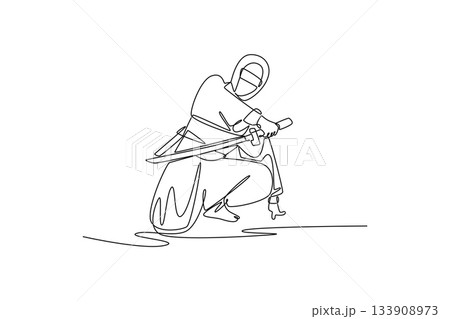 Single one line drawing active man ninja poised low in crouching stance, drawing a katana sword, illustrating stealth and focused action. Modern continuous line draw design graphic vector illustration Single one line drawing active man ninja poised low in crouching stance, drawing a katana sword, illustrating stealth and focused action. Modern continuous line draw design graphic vector illustration 133908973