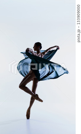 Ballerina spinning pose with flowing translucent fabric creating elegant circular motion 133909000