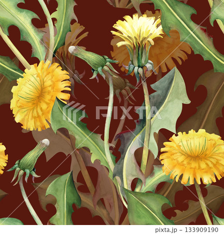 Seamless pattern with yellow dandelions on a dark red background. Realistic watercolor illustration with wildflowers and green leaves. Seamless background for wallpaper, textiles, tableware and summer Seamless pattern with yellow dandelions on a dark red background. Realistic watercolor illustration with wildflowers and green leaves. Seamless background for wallpaper, textiles, tableware and summer 133909190