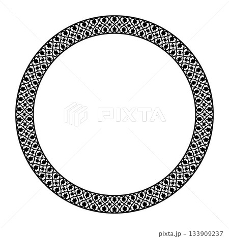Black circular frame with an ornate, repeating pattern of hearts and quatrefoils. This decorative border has a classic and elegant aesthetic against a white background. Black circular frame with an ornate, repeating pattern of hearts and quatrefoils. This decorative border has a classic and elegant aesthetic against a white background. 133909237