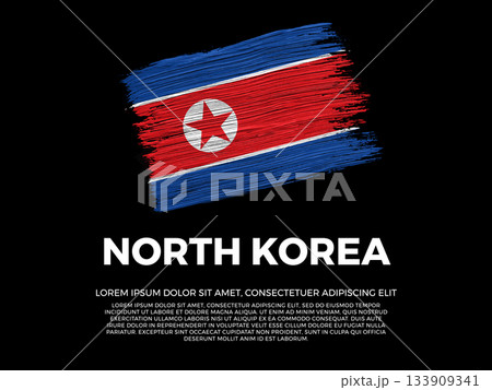 Flag of North Korea. North Korean and Asian Culture. Vibrant, textured brushstroke effect style. Black background with copy space. Dramatic composition in negative space. 133909341