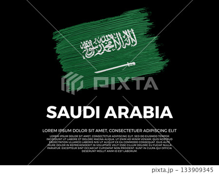 Flag of Saudi Arabia. Saudi and Arabian Culture. Vibrant, textured brushstroke effect style. Black background with copy space. Dramatic composition in negative space. Flag of Saudi Arabia. Saudi and Arabian Culture. Vibrant, textured brushstroke effect style. Black background with copy space. Dramatic composition in negative space. 133909345