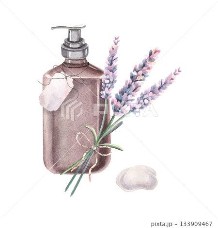 Dispenser bottle, blank label, lavender bouquet, foam. Hand-painted watercolor illustration, soap, cream, shampoo, conditioner vial isolated on white for cosmetics, skin, hair care product packaging 133909467