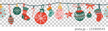 Seamless pattern border for Christmas and New Year festival with cute hanging ornaments in red and green color tones on a transparent background. Seamless pattern border for Christmas and New Year festival with cute hanging ornaments in red and green color tones on a transparent background. 133909545