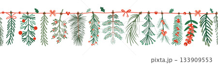 Seamless pattern border for Christmas and New Year festival with pine and holly branches in red and green color tones on a transparent background. 133909553