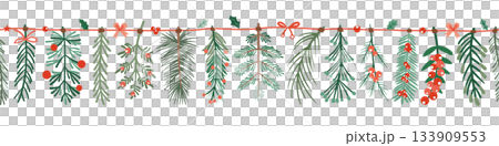 Seamless pattern border for Christmas and New Year festival with pine and holly branches in red and green color tones on a transparent background. 133909553