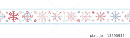 Seamless pattern border for Christmas and New Year festival with snowflakes stripe in pastel red and blue color tones on a transparent background. 133909554