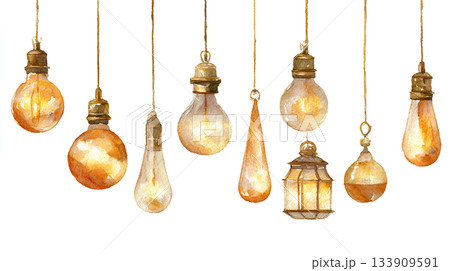 水彩で描いた吊り下げ電球のイラスト（白背景） 133909591