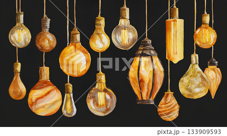 多彩な形の吊り下げ電球を描いた水彩イラスト 133909593