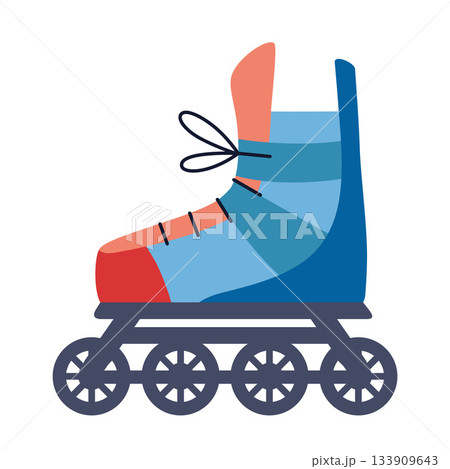Inline roller skate in red and blue colors, summer sport equipment. Modern vector illustration isolated on white background, hand drawn, flat design Inline roller skate in red and blue colors, summer sport equipment. Modern vector illustration isolated on white background, hand drawn, flat design 133909643