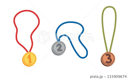 Set of gold, silver and bronze medals on ribbons. Reward for sports competition winners. Trendy modern vector illustration isolated on white background, hand drawn, flat design Set of gold, silver and bronze medals on ribbons. Reward for sports competition winners. Trendy modern vector illustration isolated on white background, hand drawn, flat design 133909674