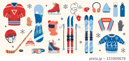 Winter sports equipment set with skis, snowboard, hockey gear, skates and warm clothes. Outdoor activity and recreation concept. Trendy modern vector isolated illustration, hand drawn, flat design 133909676