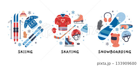 Winter sports equipment set with skiing, skating and snowboarding gear. Trendy modern vector illustration isolated on white background, hand drawn, flat design Winter sports equipment set with skiing, skating and snowboarding gear. Trendy modern vector illustration isolated on white background, hand drawn, flat design 133909680