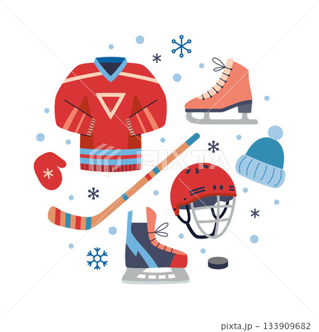 Ice Skating and Hockey equipment set with jersey, helmet, skates, stick and puck. Winter sport gear. Trendy modern vector illustration isolated on white background, hand drawn, flat design 133909682