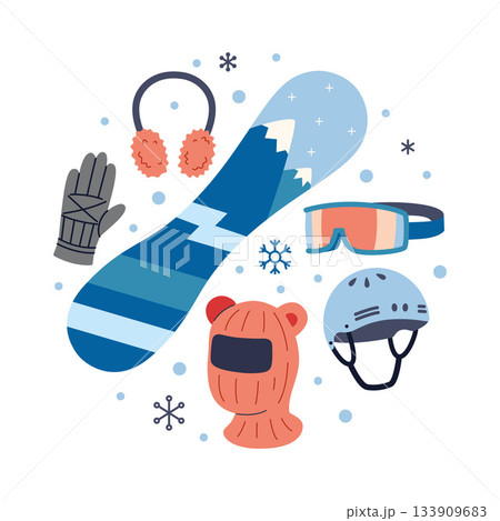 Snowboarding equipment set with board, gloves, helmet, goggles and warm accessories. Winter sport gear. Trendy modern vector illustration isolated on white background, hand drawn, flat design 133909683