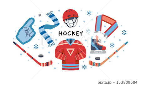 Set of hockey equipment like helmet, jersey, skates, stick and puck. Winter sport and team competition concept. Trendy modern vector illustration isolated on white, hand drawn, flat design 133909684