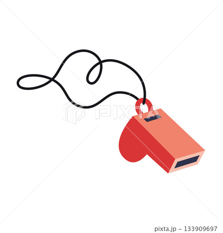 Red referee whistle on cord, symbol of coaching and judging. Trendy modern vector illustration isolated on white background, hand drawn, flat design Red referee whistle on cord, symbol of coaching and judging. Trendy modern vector illustration isolated on white background, hand drawn, flat design 133909697