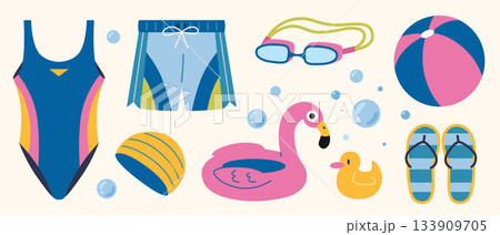 Swimming gear set with swimsuit, shorts, goggles, beach ball and float toys. Trendy modern vector illustration isolated on white background, hand drawn, flat Swimming gear set with swimsuit, shorts, goggles, beach ball and float toys. Trendy modern vector illustration isolated on white background, hand drawn, flat 133909705