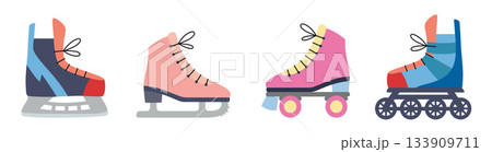 Set of ice skates and rollerblades for skating, sports, and recreation. Trendy modern vector illustration isolated on white background, hand drawn, flat design Set of ice skates and rollerblades for skating, sports, and recreation. Trendy modern vector illustration isolated on white background, hand drawn, flat design 133909711