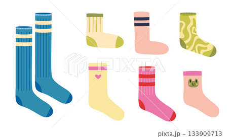 Colorful set of socks in various styles and lengths for cozy or sporty outfits. Trendy modern vector illustration isolated on white background, hand drawn, flat design Colorful set of socks in various styles and lengths for cozy or sporty outfits. Trendy modern vector illustration isolated on white background, hand drawn, flat design 133909713