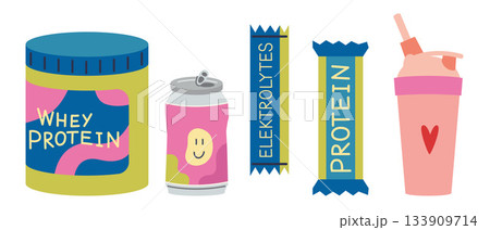 Set of fitness supplements including whey protein, protein bar, electrolyte drink, and shaker bottle. Trendy modern vector illustration isolated on white background, hand drawn, flat design Set of fitness supplements including whey protein, protein bar, electrolyte drink, and shaker bottle. Trendy modern vector illustration isolated on white background, hand drawn, flat design 133909714