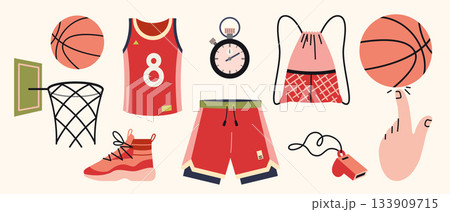 Basketball themed set with jersey, shorts, sneakers, stopwatch, hoop and ball. Trendy modern vector illustration isolated on  background, hand drawn, flat design 133909715