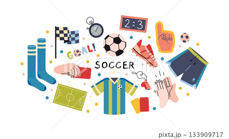 Round composition with soccer and football accessories including jersey, shoes, gloves, scoreboard, and field. Trendy modern vector illustration isolated on white background, hand drawn, flat design Round composition with soccer and football accessories including jersey, shoes, gloves, scoreboard, and field. Trendy modern vector illustration isolated on white background, hand drawn, flat design 133909717