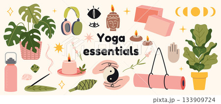 Yoga mat, candles, plants and accessories. Meditation, mindfulness and relaxation concept. Trendy modern vector illustration isolated on background, hand drawn, flat design Yoga mat, candles, plants and accessories. Meditation, mindfulness and relaxation concept. Trendy modern vector illustration isolated on background, hand drawn, flat design 133909724