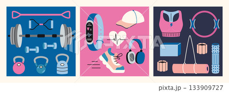 Equipment for strength training, running, and Pilates. Active lifestyle concept. Trendy modern vector illustration, hand drawn, flat design 133909727