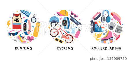 Circular compositions with running, cycling, and rollerblading. Gear, clothing, and accessories for summer sports activities. Trendy vector illustration isolated on white, hand drawn, flat design 133909730