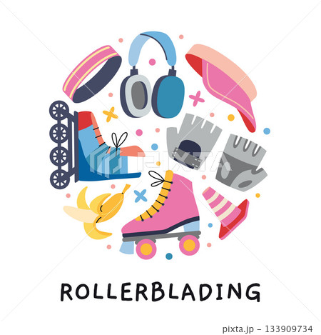 A circular composition with rollerblading concept. Skates, gloves, and other. Trendy vector illustration isolated on white, hand drawn, flat design 133909734