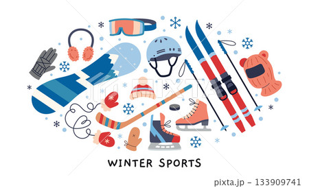 Winter sports equipment and accessories. Skiing, snowboarding, skating and cold weather gear concept. Trendy modern vector illustration isolated on white background, hand drawn, flat design Winter sports equipment and accessories. Skiing, snowboarding, skating and cold weather gear concept. Trendy modern vector illustration isolated on white background, hand drawn, flat design 133909741