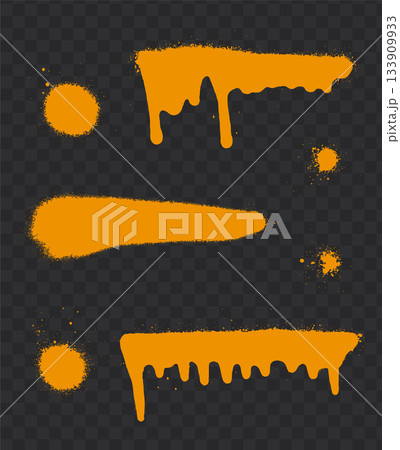 Orange spray paint splatters with drips on transparent checkered background. Orange spray paint splatters with drips on transparent checkered background. 133909933