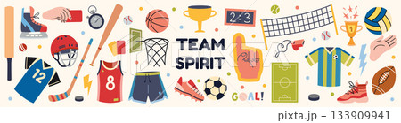 Team games sports equipment and clothing. Soccer, basketball, baseball, volleyball, hockey and rugby gear. Trendy modern isolated vector illustration, hand drawn, flat design Team games sports equipment and clothing. Soccer, basketball, baseball, volleyball, hockey and rugby gear. Trendy modern isolated vector illustration, hand drawn, flat design 133909941